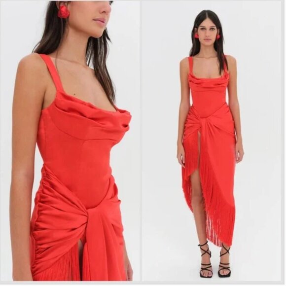 For Love And Lemons Anisa Dress Midi Fringe Lace Up Back Silk Red New NWT Medium - Picture 2 of 7